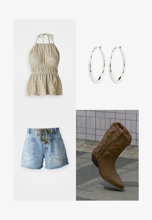 Lys beige halterneck-top i struktureret stof, med en samlet bustier og elastisk talje, stylet til et afslappet, uformelt look.; Lyst blå denimshorts med frynsede kanter. Har to baglommer og en snøre med sølvøjer til justerbar pasform.; Brun ruskind cowboystøvle med dekorative syninger og en stakket hæl, placeret oprejst på et udendørs flisebelægning.; Sølvøreringe i form af hoops med en glat, blank finish. Cirkulær form, der har en sikker lås. Simpelt og elegant design.