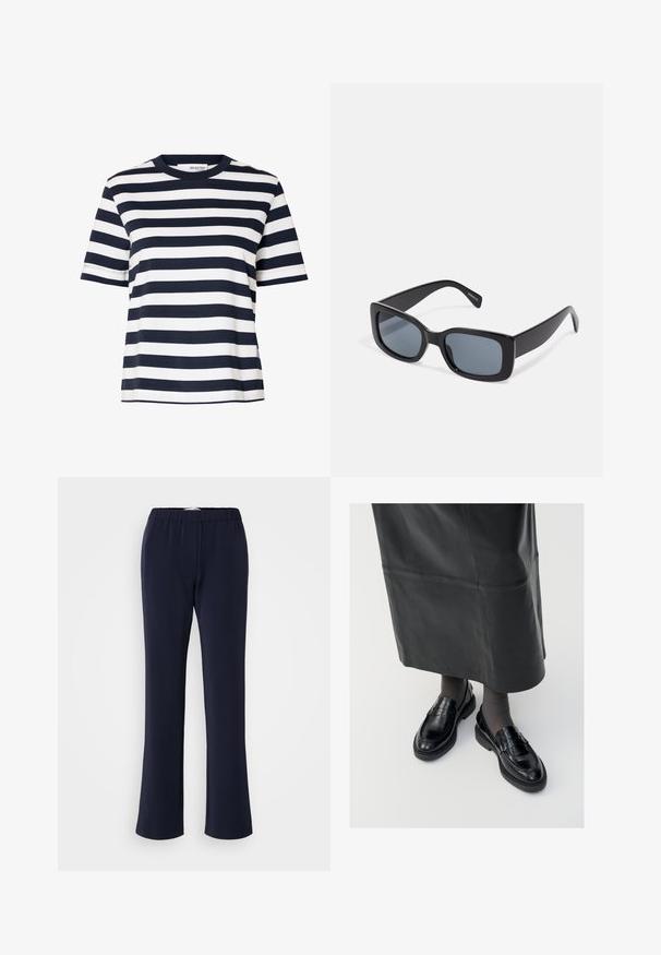Schwarz-weiß gestreiftes T-Shirt mit kurzen Ärmeln, rundem Ausschnitt und lässiger Passform.; Marineblaue, gerade geschnittene Hose aus dehnbarem Stoff mit elastischem Bund und zwei Taschen vorne. Glatte Textur, keine sichtbaren Muster.; Schwarze Lederloafers mit glatter Oberfläche, verziert mit einem dekorativen Riemen, runder Zehenpartie und texturierten Sohlen. Getragen mit einem langen schwarzen Lederrock.; Schwarze rechteckige Sonnenbrille mit dunkel getönten Gläsern, dickem Kunstrahmen und breiten Bügeln. Glatte Oberfläche und kantiges Design.