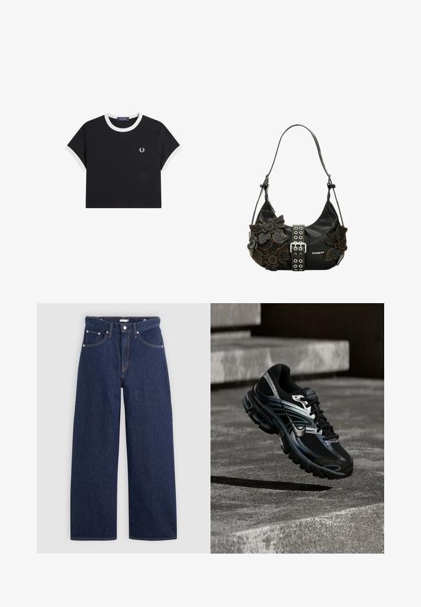 Sort cropped T-shirt med hvid krave og ærmekanter, med et lille hvidt laurbærlogo på venstre bryst.; Mørkeblå denim brede ben jeans med høj talje, der har fem lommer, bæltestropper og detaljer med kobber stikninger. Glat tekstur.; Sort og sølv Nike løbesko svævende over betontrappe, viser detaljeret design og tekstureret sål i udendørs omgivelser.; Sort læderhåndtaske med tredimensionelle blomsterdekorationer, en sølvspænde og dekorative metaløjer. Justerbar rem.