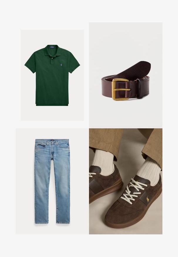 Polo vert foncé en coton, avec un col classique, des manches courtes et un petit logo violet sur le côté gauche de la poitrine.; Jean droit denim bleu clair avec poches avant et fermeture bouton, posé à plat sur fond blanc.; Baskets en daim marron avec lacets blancs portées avec des chaussettes côtelées beiges et un pantalon marron clair.; Ceinture en cuir marron foncé roulée avec une boucle en laiton gravée du mot Polo sur un fond blanc uni.