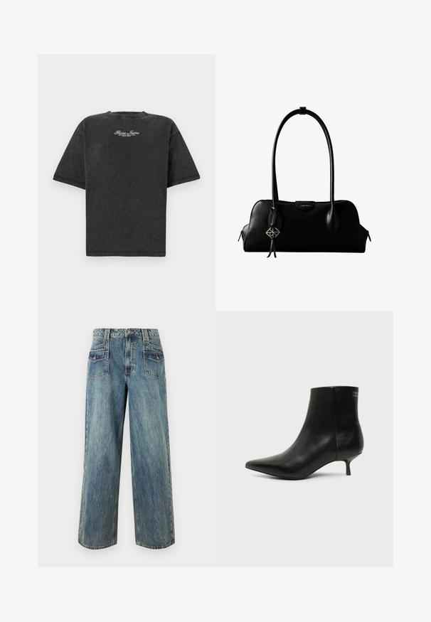 Guess Jeans SCRIPT TEE - T-shirt imprimé - jet black; Jean en denim bleu clair à jambes larges avec une taille haute, comportant cinq poches, des coutures visibles et une texture légèrement délavée.; Bottine en cuir noir avec bout pointu et petit talon kitten sur fond clair, vue côté extérieur.; Sac à main en cuir noir Calvin Klein avec de longues anses, une étiquette logo à l'avant et un charme géométrique argenté suspendu à une anse.