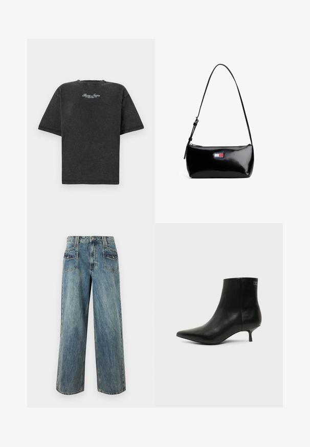 Guess Jeans SCRIPT TEE - T-shirt print - jet black; Lichtblauwe denim wijde jeans met een hoge taille, voorzien van vijf zakken, zichtbare stiksels en een licht vervaagde textuur.; Zwart leren enkellaars met puntige neus en lage kittenhak op lichte achtergrond, zijaanzicht buitenkant.; Zwarte gepatineerde leren schoudertas met een gebogen schouderband, ritssluiting en een rechthoekig logo-opdruk in rood, wit en blauw.