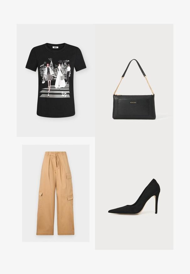 Trois femmes habillées à la mode marchent sur un passage piéton en ville avec la silhouette de New York et le logo DKNY sur un T-shirt noir.; Pantalon cargo beige à jambes larges avec plis sur le devant, poches latérales à rabat, passants de ceinture et ceinture en tissu à nouer à la taille.; Escarpin stiletto noir à talon haut avec bout pointu et texture lisse, présenté de profil sur un fond clair uni.; Pochette en cuir noir avec une texture en relief, bandoulière en chaîne dorée et une poche avant. Elle arbore un logo doré sur le devant.
