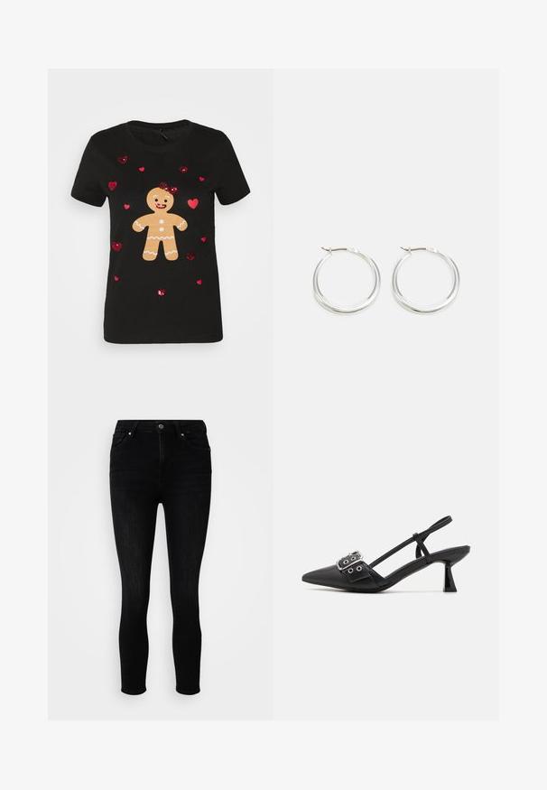 ONLY ONLXMAS LIFE CHRISTMAS - Trükipildiga T-särk - black; ONLY Petite ONLPOWER MID PUSH UP - Kitsa lõikega teksad - washed black; Simmi London DALA - Klassikalised kontsakingad - black; Hõbedased rõngasnõelad on sujuva ja ümara kujundusega, õhukese profiiliga ning kindla lukuga. Minimalistlik stiil ja läikiv viimistlus.