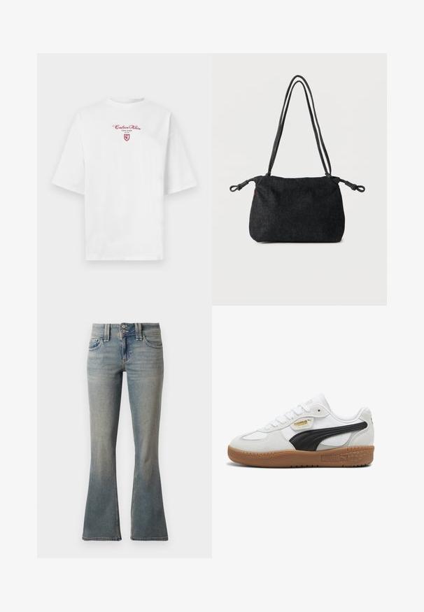 Hvid oversized T-shirt med korte ærmer og rød tekst "Calvin Klein New York EST 1968" samt et lille skjoldlogo på brystet.; Lyseblå flagrende jeans lavet af denim. Har to forlommer, en knaplukning og subtile lysninger over stoffet.; Hvide lædersneakers med en sort ruskindsstribe, gummigummisål og guldbranding på siden. Snørebånddesign med en afrundet tå.; Sort denim skuldertaske med dobbelte rebstropper og knuder i enderne på hver side, sat mod en ensartet hvid baggrund.