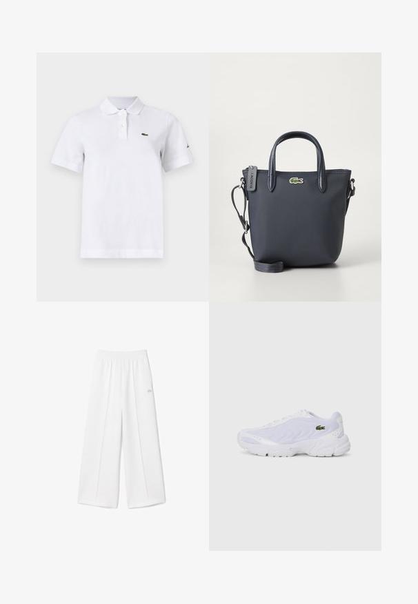 Hvid polo-shirt med korte ærmer med to knapper, en lille grøn krokodille-logo på venstre bryst og et diskret sort logo på venstre ærme.; Hvide bukser med brede ben, elastisk taljebånd, blød stoftekstur, centralt plissering og et lille Lacoste-logo broderet på siden.; Hvide atletiske sko med mesh-overdel, tekstureret design og polstret krave. Har grønt logo på siden og polstret sål for komfort.; Mørkeblå håndtaske med tekstureret stof, to topreadere og en aftagelig rem. Har et lille Lacoste-logo og lynlås i lukningen.