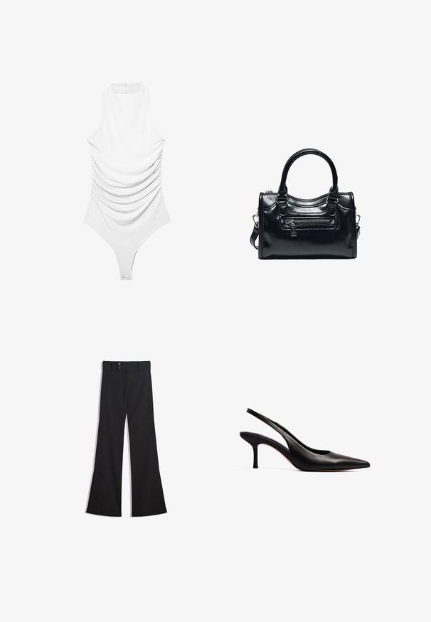 Weißer ärmelloser Body mit hohem Ausschnitt, gerafften Seiten, Rückenausschnitt mit Knopfverschluss und Druckknöpfen im Schritt.; Schwarze High-Waist-Hose mit weitem Bein, doppeltem Knopfverschluss am Bund und vorderlichem Reißverschluss, flach auf weißem Hintergrund präsentiert.; NA-KD Pumps - black; Schwarze glänzende Lederhandtasche mit zwei Griffen, vorderer Reißverschlusstasche und abnehmbarem Schulterriemen auf weißem Hintergrund.