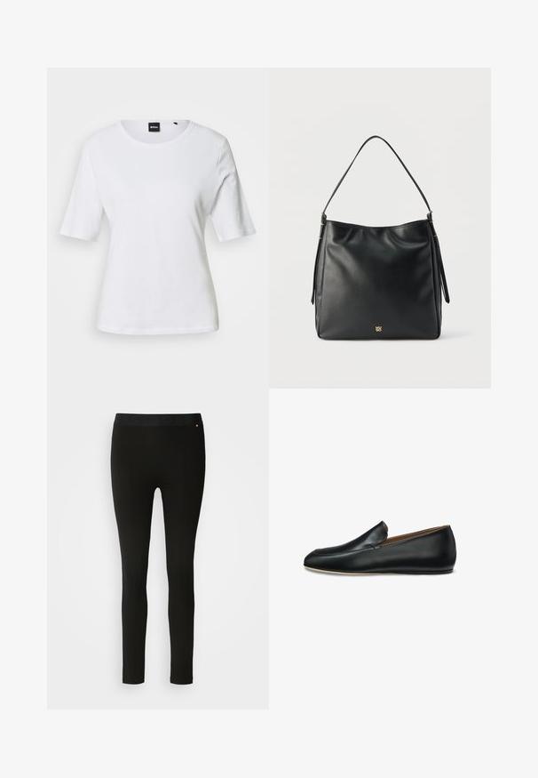Camiseta blanca de manga corta con cuello redondo, corte ajustado y una pequeña etiqueta negra de BOSS en el cuello.; Leggings negros con una textura suave, que cuentan con una cinturilla flexible y sutiles detalles en las costuras. Sin patrones ni elementos de hardware presentes.; Mocasín negro de cuero sin cordones con punta redondeada y suela baja y plana visto de perfil sobre fondo blanco.; Bolso de hombro de cuero negro con una sola correa, un logo dorado sutil cerca de la base y hebillas laterales ajustables.