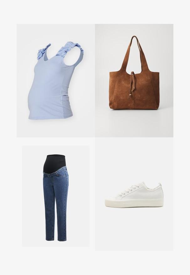 Haut de maternité bleu clair avec décolleté en V, coupe ajustée et accents froncés sur les bretelles. Tissu en coton doux avec une texture extensible.; Jeans de maternité avec des jambes en denim bleu et un panneau abdominal noir extensible conçu pour soutenir et couvrir un ventre qui s'arrondit.; Baskets en toile blanches avec une tige texturée, bout rond, semelle plate et laçage à l'avant. Présentent un col légèrement effiloché et une languette.; Sac fourre-tout en daim marron avec deux longues poignées, fermeture à cordon et texture lisse. Présente un design simple et des accents minimaux.