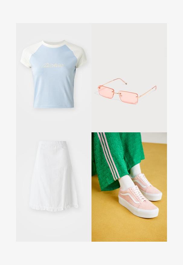 T-shirt bleu clair raccourci avec des manches raglan blanches courtes. Présente un texte "Dickies" brodé dans un style décoratif à l'avant.; Jupe blanche avec taille élastique, présentant un motif texturé et un ourlet festonné en bas. Design simple en A.; Baskets en daim rose avec des accents blancs et des semelles blanches épaisses, associées à un pantalon vert à motifs avec des bandes latérales roses.; Lunettes de soleil rectangulaires sans monture teintées rose avec des branches fines en métal doré et des plaquettes nasales réglables sur un fond clair uni.