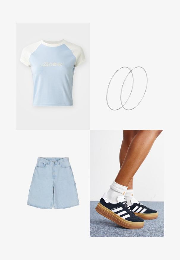 Lichtblauw cropped t-shirt met korte witte raglanmouwen. Heeft geborduurde "Dickies" tekst in een decoratieve stijl op de voorkant.; Lichtblauwe denimshorts met een relaxte pasvorm, voorzien van voorzakken, een knoopsluiting en een enkele zijzak. Klassieke denimtextuur.; Ben met witte sokken en zwarte Adidas Gazelle sneakers met witte strepen en dikke bruine zolen op een grijs tapijt.; Zilveren hoepel oorbellen met een minimalistisch ontwerp. Cirkelvormig, gladde textuur en dun profiel. Lichtgewicht met een gepolijste afwerking.