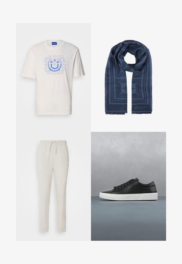 T-shirt en coton blanc arborant un motif graphique bleu d'un visage souriant avec le texte "HGO", contouré sur un motif en quadrillage. Manches courtes, col rond.; Pantalons de survêtement beige clair en tissu doux et texturé. Dotés d'une taille à cordon de serrage, de poignets côtelés et de poches latérales. Coupe ajustée.; Baskets en cuir noir avec un bout rond, surface texturée, semelle en caoutchouc blanc et lacets noirs. Design minimaliste avec un profil épuré.; Écharpe bleu marine en tissu tissé présentant un motif floral subtil, avec des bords frangés et un logo "JOOP!" en bas.