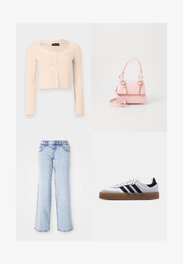 Langærmet cropped top i blødt beige stof. Har en halsudskæring med blondekant og knapdetaljer foran samt rynkede stofaccents.; Lyseblå denimjeans med en afslappet pasform, lige ben og subtilt slid. Har fem lommer og bæltestropper. Distressed kantdetalje.; Hvide lædersneakers med sorte striber, gummirubber sål, rund tå, snørelukning og blød grå ruskinds tåhætte.; Rosa patenteret læderhåndtaske med et struktureret design, dobbelte top-håndtag, hardware i guldtoner, aftagelig rem og stiklinger.