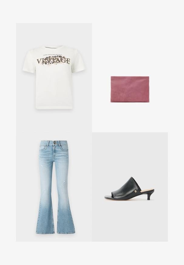 Witte T-shirt met korte mouwen met de tekst "MAKE YOUR DREAMS REAL" en grote tekst "VINTAGE" over een luipaardprintpatroon aan de voorkant.; Lichtblauwe denim flared jeans met een hoge taille, met subtiele slijtage, een sluiting met twee knopen en een klassiek vijf-pocket ontwerp.; Zwarte leren open teen muiltjes met een lage hak. Heeft een glad oppervlak en een gouden logo accent aan de zijkant.; Roze leren clutch met een gladde textuur, rechthoekige vorm en een minimalistisch ontwerp. Subtiele branding aan de onderzijde, in het midden.