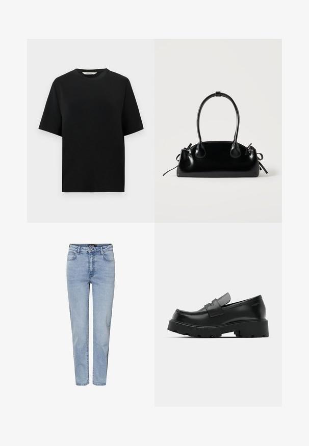 camiseta negra de manga corta con cuello redondo y un corte relajado, presentada sobre un fondo blanco liso.; Vaqueros azul claro de tiro alto y pierna recta con botón delantero, cremallera y diseño de cinco bolsillos.; Mocasines de cuero negro con suela gruesa y texturizada, que presentan una correa sobre el empeine y un acabado suave y pulido.; Pequeño bolso negro brillante con dos asas largas y detalles de cordón lateral sobre un fondo claro liso.