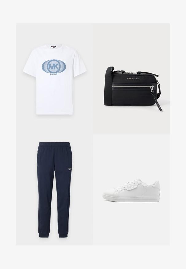 Hvid T-shirt med korte ærmer med blå, ovalt stribet "MK"-logo og teksten "Michael Kors" centreret på forsiden.; Mørkeblå sweatpants med elastisk talje og manchetter. Har et lille hvidt logo på venstre ben. Fremstillet af et blødt, strækbart materiale.; Hvide lædersneakers med afrundet tå, seks øjer, flade snørebånd og minimalistisk design. Har et lille logo på siden.; Sort nylon crossbody-taske med sølvfarvet hardware, en lynlås i toppen, frontlomme og præget logo. Justerbar rem inkluderet.