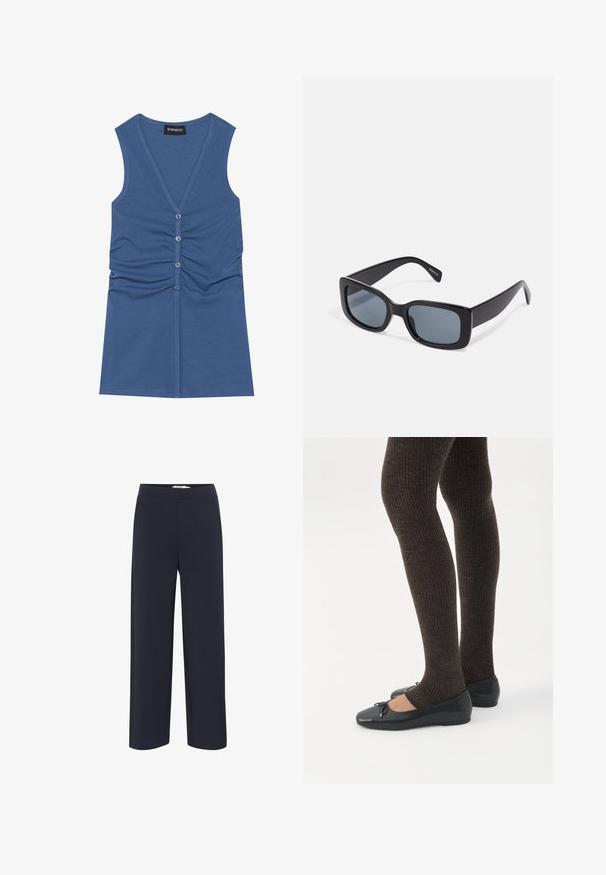 Blauwe mouwloze top van zacht materiaal, met een diepe V-hals, knoopsluiting en geplooide details aan de voorkant.; Marineblauwe broek met wijde pijpen, gemaakt van een zachte stof met een elastische tailleband en geen zichtbare zakken of versieringen.; Benen met donkere geribbelde leggings gecombineerd met zwarte ballerina's met kleine strikdetails op een witte achtergrond.; Zwarte rechthoekige zonnebril met donkere getinte lenzen, een dik plastic montuur en brede scharnieren. Glad oppervlak en hoekig ontwerp.
