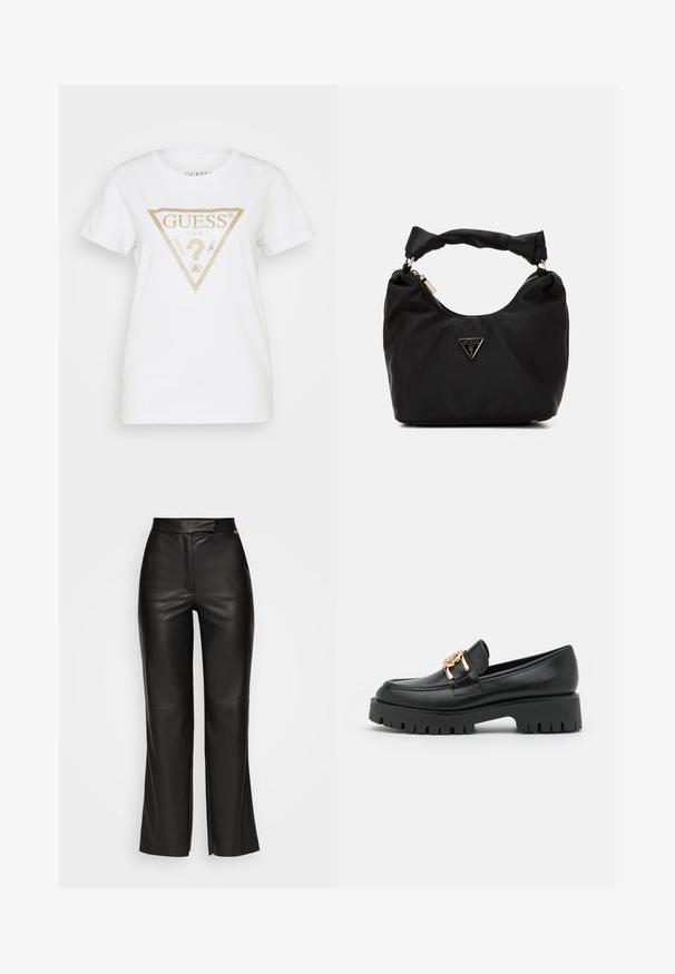 Guess TRIANGLE - T-shirts print - pure white; MARCIANO BY GUESS VIXEN WIDE LEG PANT - Bukser - jet black; Sorte læder loafers med en kraftig sål og guldhardware; har rund tå og syede detaljer langs overdelen.; Sort stof håndtaske med en buet form, knyttet hank, fremtrædende guldlogo detalje og lynlåslukning. Glat tekstur og minimalistisk design.