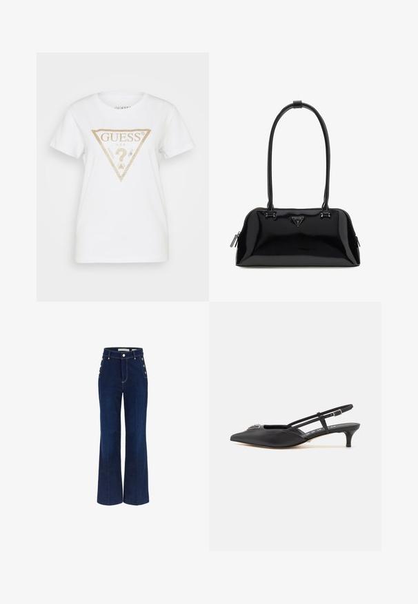 Guess TRIANGLE - T-shirts print - pure white; Mørkeblå bredbenede jeans med høj talje, der har knapdetaljer på siderne og en glat denimtekstur.; Sorte slingback-sko med spids tå, lavet af glat materiale, med en lille hæl og en dekorativ sølvaccent på vamps.; Sort skinnende laklæderhåndtaske med lange dobbelte håndtag, sølvlynlås og trekantet Guess-logo midt foran.