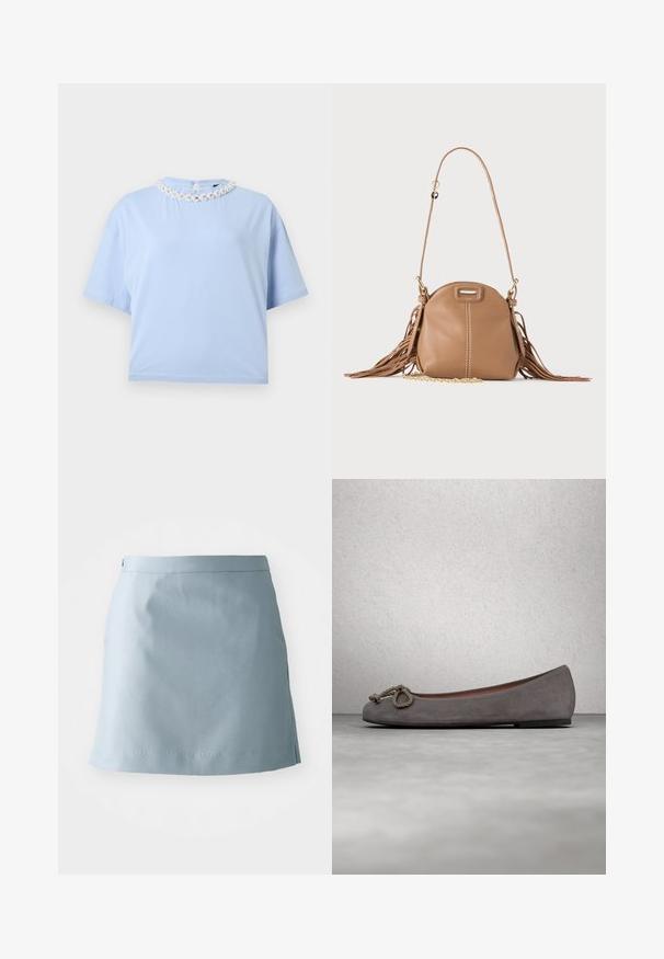 Top azul claro de manga corta con escote redondo, detallado con bordado floral blanco y pequeñas perlas, sobre fondo liso.; Falda azul claro hecha de tejido suave, con un corte recto, una cintura delgada y detalles de costura mínimos en el dobladillo.; Bailarinas de ante gris con puntera redonda, adorno de cuerda anudada y un sutil ribete en contraste a lo largo del borde. Suela plana y flexible.; Pequeño bolso de cuero color cuero claro con correa larga, detalle de cadena dorada y flecos en ambos lados sobre un fondo neutro.