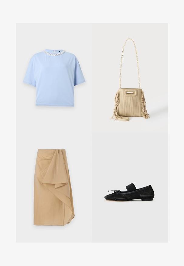 Lichtblauw T-shirt met korte mouwen en een ronde halslijn, gedetailleerd met witte bloemrijke borduursels en kleine pareltjes, op een effen achtergrond.; Beige wikkelrok van lichtgewicht stof met een asymmetrische draping, voorzien van een gegarneerde tailleband en een gladde textuur. Geen zichtbare sluitingen.; Zwarte platte schoen met een spitse neus, gemaakt van gestructureerde stof, met een strikaccent en een kleine, ronde hak. Elastische strap bij de enkel.; Beige doorgestikte handtas met franjes aan de zijkanten, een gouden ketting schouderriem en een klein handvat met uitsparing aan de bovenkant.