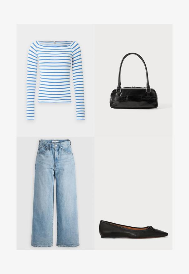 Top de manga larga con escote barco, con rayas horizontales azules y blancas. Hecho de un tejido suave con un diseño ceñido.; Vaqueros de pierna ancha de color azul claro con una cintura alta, confeccionados en tejido de denimbre. Presentan un diseño clásico de cinco bolsillos y herrajes metálicos.; Bailarina de cuero negro con punta afilada, silueta delgada y un pequeño lazo en la parte frontal. Textura lisa y diseño minimalista.; Bolso de mano de cuero negro con forma rectangular, equipado con un asa estructurada, herrajes en plata y cierre de cremallera. Textura suave.