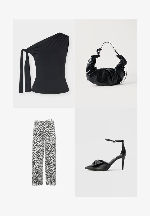 Zwarte one-shoulder top met een zij-uitgesneden stuk en een lange stoffen strik op de schouder, aansluitende stijl met rekbare stof.; Zebrastrepen broek in zwart en wit, met een losse pasvorm, verstelbare tailleband en een zachte, gestructureerde stof.; Zwarte hoge hak schoen met een spitse neus, satijnen strikaccent en een verstelbare enkelriem met zilverkleurige metalen details. Gladde leren textuur.; Zwarte neplederen handtas met een zacht, geplooid ontwerp en een flexibele handgreep, met een gladde textuur en subtiele glans.