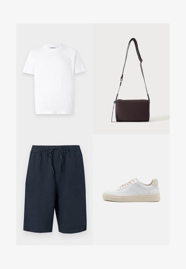 Hvid bomulds T-shirt med rund hals og korte ærmer. Har et lille, præget logo på venstre bryst. Glat tekstur.; Mørkeblå linnedshorts med elastisk talje og justerbar snor. Har sidelommer og en afslappet pasform.; Hvide sneakers med en glat læderoverdel, beige snørebånd og en tekstureret beige ruskindsheel-tab. Hævet sål for ekstra højde.; Mørkebrun textured læder crossbody taske med justerbar rem og lille dekorativ blå accent på siden.