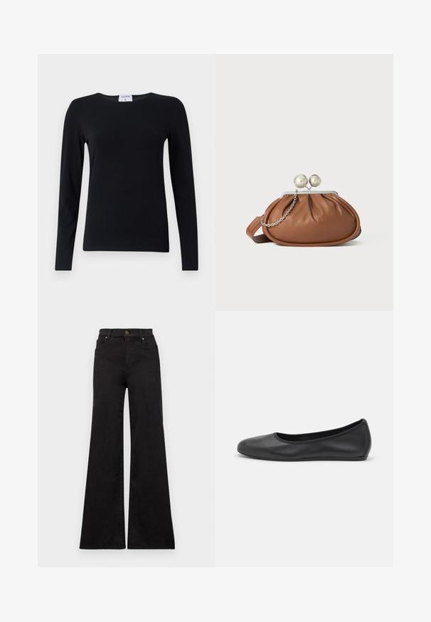Chemise noire à manches longues en tissu doux, avec un col rond, une coupe droite et des coutures minimales pour une apparence épurée.; Jean flare noir en denim avec taille haute, présentant des poches avant et des garnitures métalliques sur le bouton et les rivets.; Ballerines en cuir noir avec un bout rond, texture lisse, détails de couture minimalistes et design de semelle flexible.; Pochette en cuir marron avec un fermoir à boule en argent et un petit détail en chaîne argentée sur fond blanc.