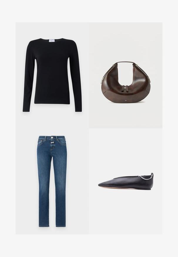 Langärmliges schwarzes Shirt aus weichem Stoff, mit Rundhalsausschnitt, geradem Schnitt und minimalen Nähten für ein sauberes Erscheinungsbild.; Dunkelblaue Jeans aus Denim mit geradem Bein, klassischem Fünf-Taschen-Design und einem Reißverschluss mit Knopfverschluss. Abgenutzte Details im Stoff.; Schwarzer, spitzer flacher Schuh aus Leder mit niedrigem Absatz und silberner Kettendetail am Hinterteil vor neutralem Hintergrund.; Dunkelbraune, halbmondförmige Ledertasche mit Tragegriff oben und zwei Reißverschlussanhängern, vor einfachem hellem Hintergrund präsentiert.