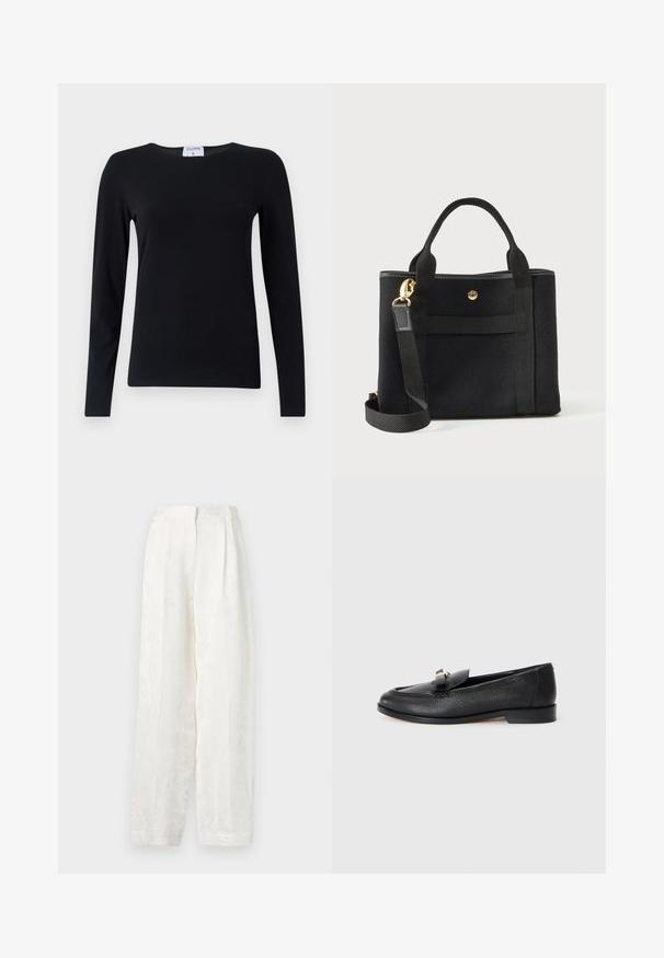 Chemise noire à manches longues en tissu doux, avec un col rond, une coupe droite et des coutures minimales pour une apparence épurée.; Pantalons blancs à jambes larges en tissu lisse et texturé, présentant un motif floral subtil et un design plissé à l'avant.; Mocassin en cuir noir avec une finition texturée, bout rond et un accent métallique décoratif sur le devant. Semelle à profil bas.; Sac à main en feutre noir avec deux poignées supérieures, bandoulière amovible et accents en métal doré, doté d'une poche avant et de coutures contrastantes.