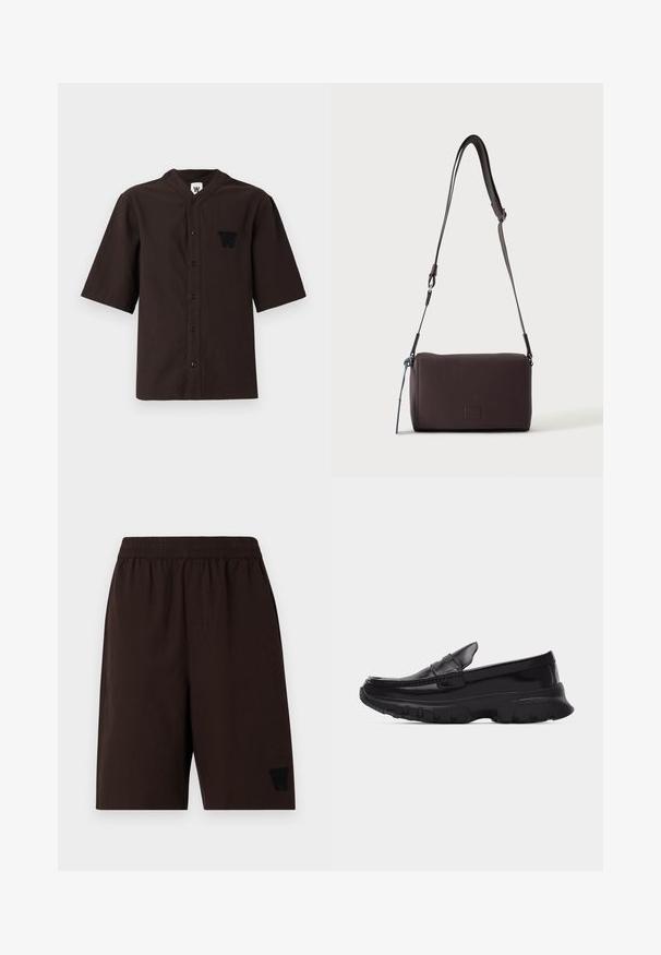 Chemise courte marron foncé avec col mandarin, fermeture par boutons et logo brodé sur la poche de poitrine gauche. En coton, texture partagée.; Shorts marron à taille élastique avec poches latérales, en tissu texturé, et un logo brodé noir sur la jambe gauche.; Mocassin noir brillant avec semelle épaisse texturée et détails cousus, profil latéral sur fond gris clair uni.; Sac bandoulière en cuir marron foncé texturé avec une sangle réglable et un petit accent décoratif bleu sur le côté.