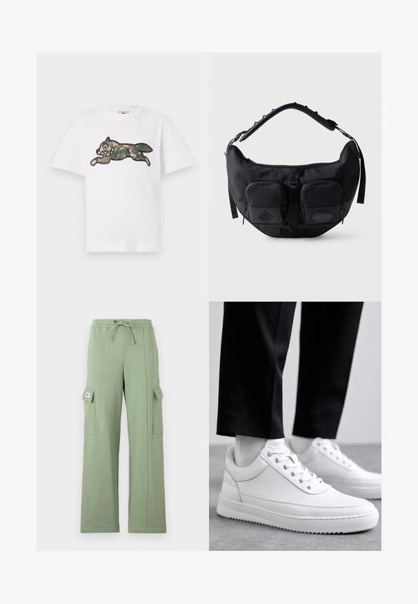 Icecream CAMO RUNNING DOG WOODLAND - T-shirts print - white; Lys grøn cargo bukser lavet af bomuldsblanding; har elastisk talje, snørelukning, bred ben og to sidelommer med klaplukninger.; Hvide lædersneakers med en flad gummisål, der har en glat overflade, rund tå og metaløjer til snørebånd. Bæret med sorte bukser.; Sort skuldertaske i halvmåneform med polstret justerbar rem og to lynlåslommer foran med trækflapper.