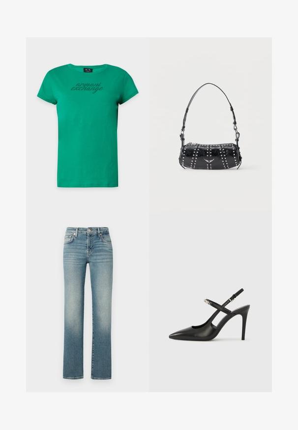 Grøn Armani Exchange T-shirt med korte ærmer og rund halsudskæring med teksten "armani exchange" i små sorte prikker henover brystet.; Blå denim jeans med lige ben, der har slidte områder, fem-lomme design og metal knaplukning ved taljen.; Sorte læder slingback-højhæle med spids tå, udskåret design og justerbar rem med metalhardware.; Sort skuldertaske i laklæder med sølvnitter i lodrette rækker og et lille sølvfugleemblem midt på fronten.