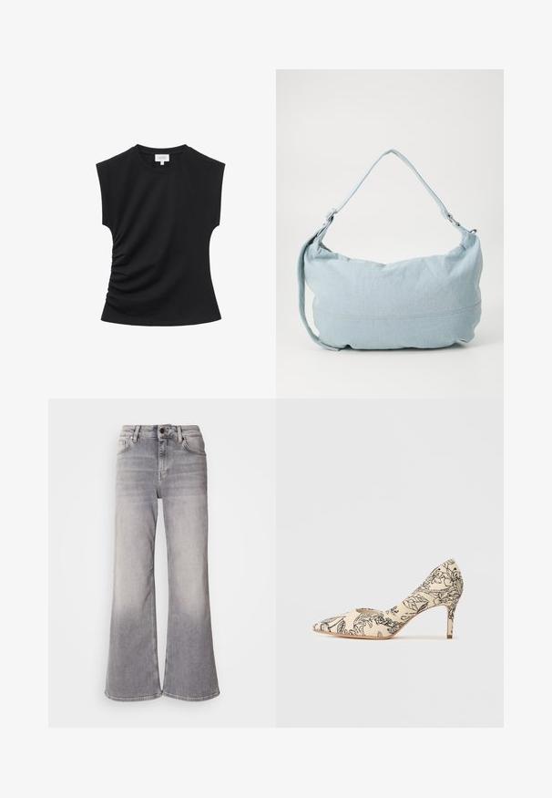 Zwart mouwloos top met ronde halslijn en geplooid detail aan één zijde, weergegeven op een witte achtergrond.; Mos Mosh HERA - Flared Jeans - grey; Puntige hoge hak schoen met een crèmekleurige stof en zwarte bloempatronen. Stiletto hak, slank ontwerp en textuur op het oppervlak.; Lichtblauwe denim schoudertas met een ronde vorm, verstelbare schouderband en subtiele stiksels langs de onderrand. Zachte textuur.
