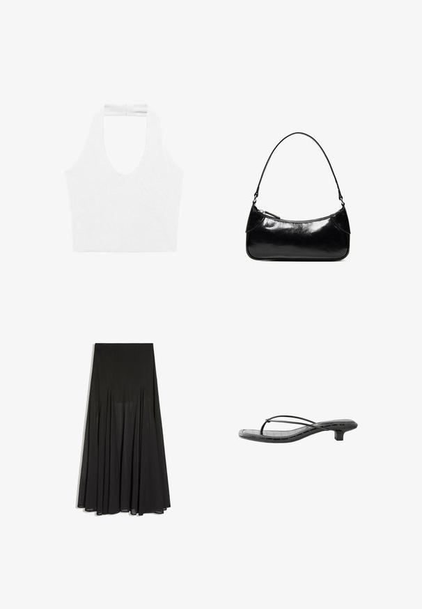 Crop top blanc en coton, avec un col montant et de larges emmanchures. Texture lisse, sans accents ni motifs supplémentaires.; Longue jupe noire taille haute avec des plis doux, en tissu léger semi-transparent, présentée sur fond blanc.; Sandale noire à petit talon avec fines brides croisées et bout carré, avec un motif crocodile faux texturé sur la semelle.; Sac à épaule en cuir noir brillant avec un seul compartiment zippé et une fine bandoulière arquée.