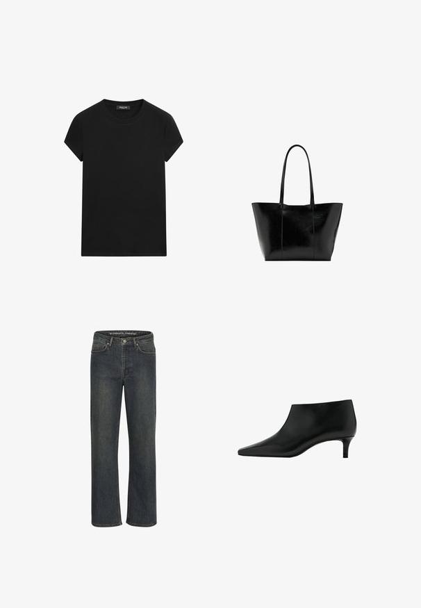Zwart T-shirt met korte mouwen en ronde hals met een zichtbaar merklabel bij de hals, gecentreerd op een witte achtergrond.; Donkerblauwe recht-been jeans van denim stof, met een middelhoge taille, vijf zakken en subtiele stiksels langs de naden.; Zwarte leren enkellaars met puntige neus en lage kittenhak, ontworpen voor elegante en formele gelegenheden.; Zwarte grote totebag met lange handvatten en een gladde, licht glanzende lederen textuur, gecentreerd op een witte achtergrond.