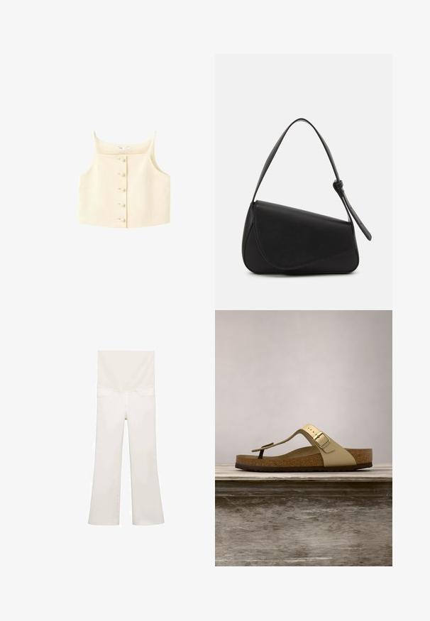 Beige cropped tanktop met een vierkante halslijn, dunne schouderbandjes en vijf geknoopte knoopsluitingen aan de voorkant.; Witte uitlopende jeans van de achterkant, met een gladde textuur, twee achterzakken en subtiele stiksels langs de naden.; Kork voetbed sandaal in lichtgoud met een teenband ontwerp en een verstelbare gesp. Voorzien van een getextureerde zool voor grip. Neutraal kleurenpalet.; Zwart leren handtas met een driehoekige vorm, schuine klep en een ronde handgreep. Heeft een gladde textuur en minimalistische ontwerpelementen.