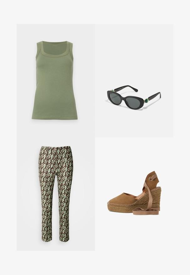 Grøn ærmeløs ribbet tanktop med firkantet halsudskæring vist på en ensartet lys baggrund.; Brune og grønne mønstrede bukser med bladdesign, slim fit, med en glat tekstur og ingen synlige lukninger eller lommer.; Brun ruskinds-espadrille med kilehæl, flettet jutesål og bindebånd om anklen på hvid baggrund.; Sorte katteøje solbriller med mørke linser. Udstyret med guld- og grønne detaljer på stængerne. Glat plastikramme og slank design.