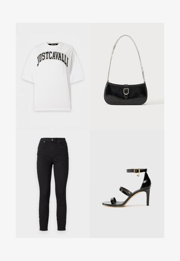Weißes oversized T-Shirt mit schwarzem fettgedrucktem "JUSTCAVALLI" Text, der bogenförmig über der Brust verläuft, und kurzen Ärmeln.; Schwarze, eng geschnittene Jeans aus Denim mit hoher Taille, featuring Fronttaschen, einem Knopfverschluss und dezenten Steppnähten an den Nähten.; Schwarze Lackleder-Sandale mit drei Riemen, Knöchelriemen und 10 cm hohen Stiletto-Absatz. Verfügt über goldfarbene Hardware-Details und ein Logo-Charm.; Schwarze Schultertasche aus Lackleder mit silberner Schnalle und silbernem Kettenriemen, auf hellem einfarbigen Hintergrund präsentiert.