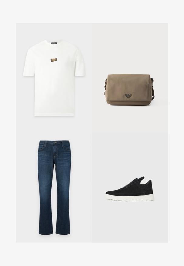 Weißes T-Shirt mit kurzen Ärmeln und kleinem, zentriertem Logo mit einem stilisierten Adler in Beige und Braun auf der Brust.; Dunkelblaue Jeans aus Denim mit geradem Bein, fünf Taschen und einem Metallknopfverschluss. Glatte Textur mit dezenten Gebrauchsspuren.; Schwarze Wildleder-Sneaker mit einer weißen Gummisohle, die sich durch elegante Nähte und ein schnürbares Design auszeichnen. Glatte Textur mit einer modernen, stromlinienförmigen Form.; Rechteckige Crossbody-Tasche in Taupe mit Klappverschluss und kleinem Metall-Logo-Emblem mittig auf der Vorderseite vor weißem Hintergrund.