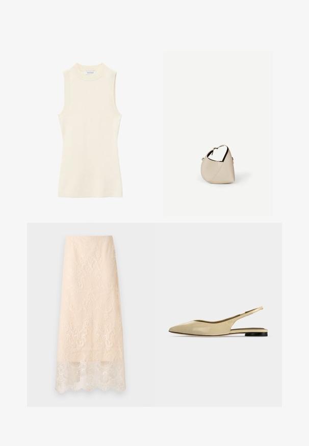 Top sans manches en maille côtelée crème avec col rond montant et silhouette ajustée.; Jupe midi couleur crème avec une superposition en dentelle florale complexe et un ourlet festonné, présentée à plat sur un fond blanc.; Chaussure plate beige à bout pointu avec bride arrière, petit talon noir et finition en cuir lisse, vue de côté sur un fond uni.; Sac à main en cuir beige en forme de croissant avec une seule bandoulière et des coutures minimalistes, posé sur un fond blanc uni.
