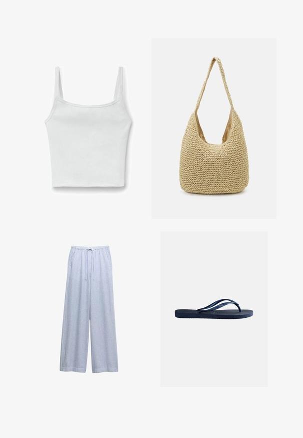 Weißes, geripptes, kurz geschnittenes Tanktop mit dünnen Trägern und geradem Ausschnitt, flach auf weißem Hintergrund liegend.; Hellblaue und weiße, vertikal gestreifte, locker sitzende Hose mit elastischem Bund und Kordelzug, ausgestattet mit Seitentaschen.; Marineblaue Gummi-Zehentrenner mit strukturierter Sohle und Y-förmigen Riemen, isoliert vor schlichtem hellgrauem Hintergrund.; Geflochtene Strohtasche in hellbeige, mit einem gebogenen Schulterriemen und einem geräumigen, offenen Design mit strukturierten Oberflächen.