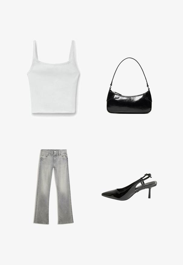 Witte geribbelde cropped tanktop met dunne schouderbandjes en rechte halslijn, plat gelegd op een witte achtergrond.; Grijze denim flared jeans met een vervaagde afwerking, voorzien van een knoopsluiting, vijf zakken en gestikte details langs de tailleband en zoom.; Zwarte gepatineerde leren slingback pump met een spitse neus, slanke hak en een enkelbandje. Beschikt over een uitsnijdontwerp aan de zijkant.; Zwarte glanzende leren schoudertas met één ritssluitingvak en een dunne band die in een boogvorm is gebogen.