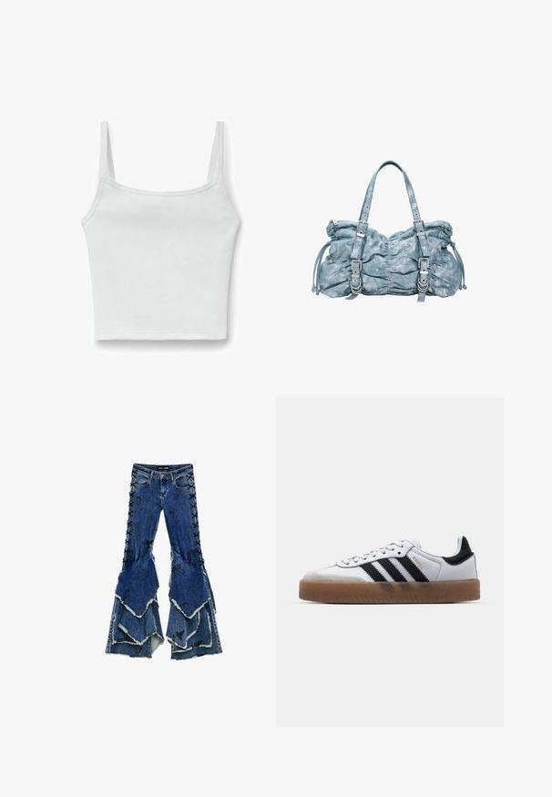 Débardeur court blanc côtelé avec fines bretelles et encolure droite, posé à plat sur un fond blanc.; Jean en denim bleu à pattes d'éléphant avec une conception de volants superposés, présentant des détails lacés noirs sur les côtés et des bords effilochés.; Baskets en cuir blanc avec des rayures noires, semelle extérieure en caoutchouc beige, bout rond, fermeture lacée et embout en suède gris doux.; Sac bleu clair avec un design texturé et froissé, équipé de ferrures argentées, de doubles bretelles et de cordons latéraux ajustables.