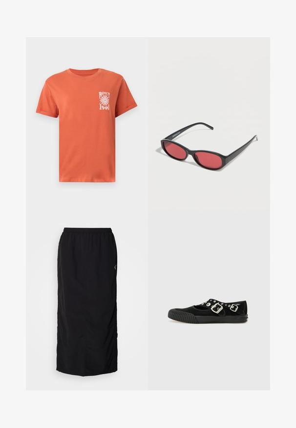 Orange kortærmet T-shirt med lille hvid blomstergrafik og teksten "Roxy 1990" på venstre bryst.; Sort atletisk nederdel med elastisk talje, der har sideskaller for nem bevægelse og minimal mærkning på højre side.; Vans MARY JANE - Ballerinasko - black; Sorte ovale solbriller med tynde arme og rødtonede linser, der ligger på en hvid overflade.