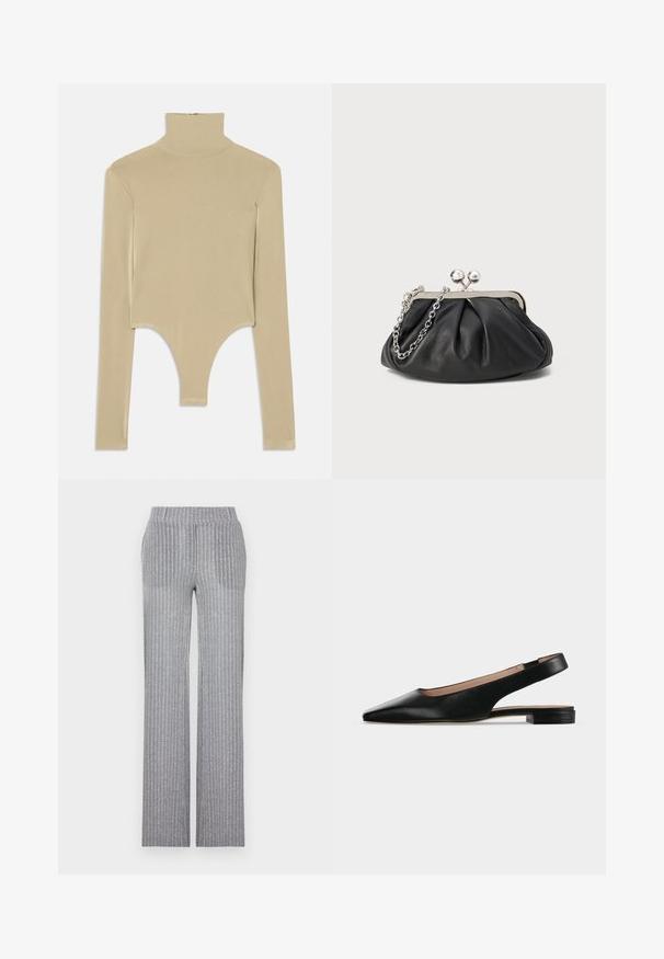 Beige langwerpige turtleneck top gemaakt van gladde stof, met een uitgesneden onderkant en een aansluitende vorm en minimalistisch ontwerp.; Grijze, geribbelde gebreide broek met een aansluitende tailleband en uitlopende pijpen. Kenmerkt zich door een subtiele glans en verticale strepen voor textuur.; Zwarte leren slingback platte schoen met spitse neus en lage vierkante hak op een witte achtergrond.; Zwarte leren clutch met geplooide textuur, zilverkleurig metalen frame, drukknopsluiting en kettingriem. Glad, zacht oppervlak.