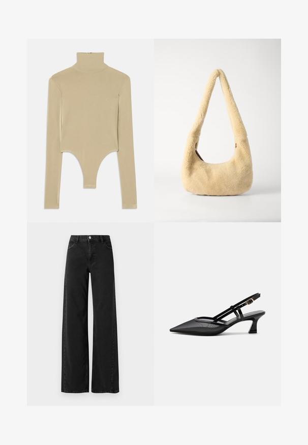 Beež pikki varrukatega krekli turtleneck sileda kangaga, millel on välja lõigatud alumine osa, sobiv ning minimalistlik disain.; Laialdased mustad teksad kõrge vöökoha ja klassikalise viie tasku stiiliga, varustatud nööbiga. Sile tekstuur ja peened õmblemise detailid.; Mustad terava ninaga slingback-kingad võrgust pealse, õhukeste rihmade, kuldse pandla ja madala kumerdatud kontsaga valgel taustal.; Beige särgmed kattega õlaline kott, millel on kumer käepide ja ümar kuju. Tekstuur on pehme ja plüüsine, sisaldades minimaalset metallist aksessuaari.