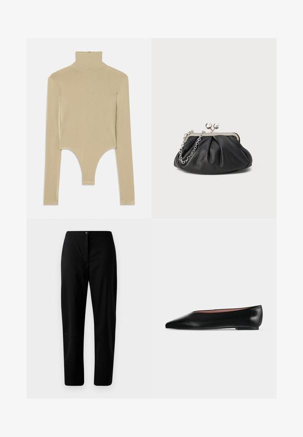 Beige langærmet turtleneck top i glat stof, med en udskåret bund, der har en tætsiddende facon og minimalisk design.; Sorte lige bukser med knap- og lynlåslukning, glat stof og minimal detaljering mod en ensfarvet lyse baggrund.; Sort damesko i læder med flad hæl og spids tå, vist fra siden på en ensfarvet lys grå baggrund.; Sort læder clutch med samlet tekstur, sølvfarvet metalramme, kys-lås lukning og kædestrop. Glat, blød overflade.