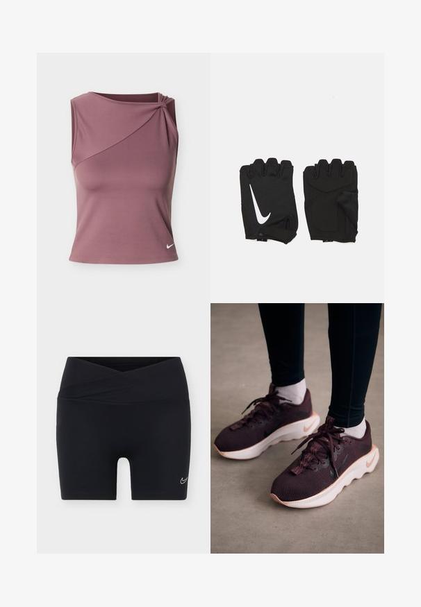 Ærmeløs mauve atletictop med asymmetrisk halsudskæring og lille hvid Nike-logo på nederste venstre side.; Sorte atletikshorts med et krydsbånd i taljen og lille hvid Nike swoosh-logo på venstre ben mod en ensfarvet baggrund.; Mørkerøde sportssko med en tekstureret strikoverdel, hvid sål og sort Nike-logo. Har runde snørebånd og mønstrede snørehuller.; Sorte fingerløse træningshandsker lavet af åndbart stof, med et hvidt Nike-logo, polstrede håndflader og et åbent håndledsdesign for fleksibilitet.